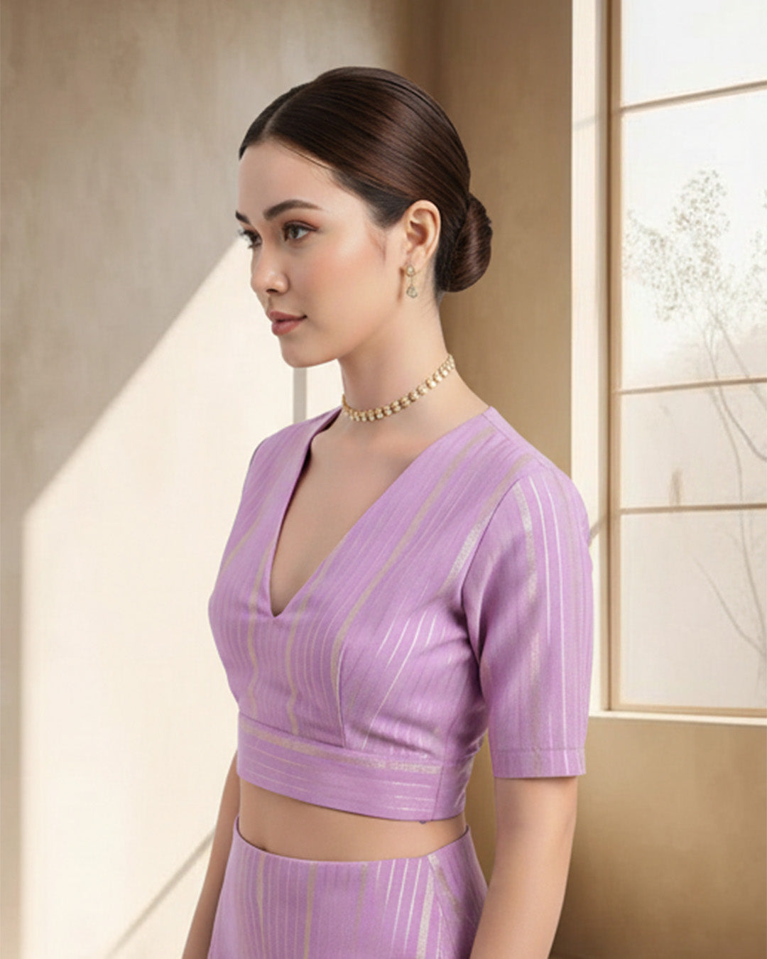 Festive Iris Pink Thick Golden Stripes Deep V Blouse