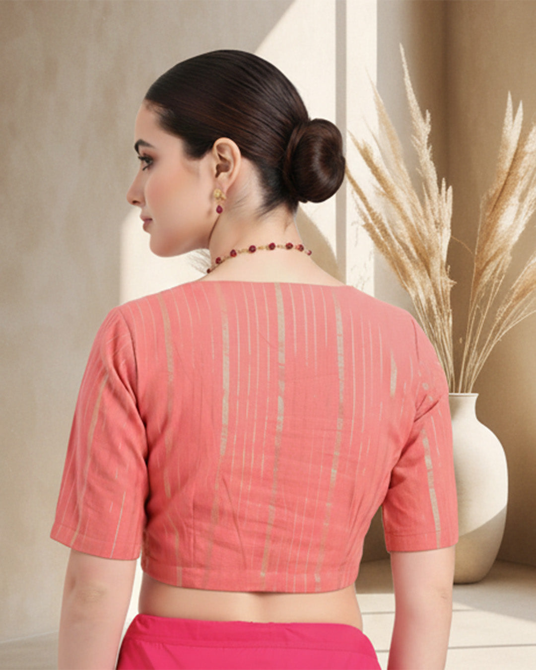 Festive Rosette Pink Golden Stripes Deep V Blouse