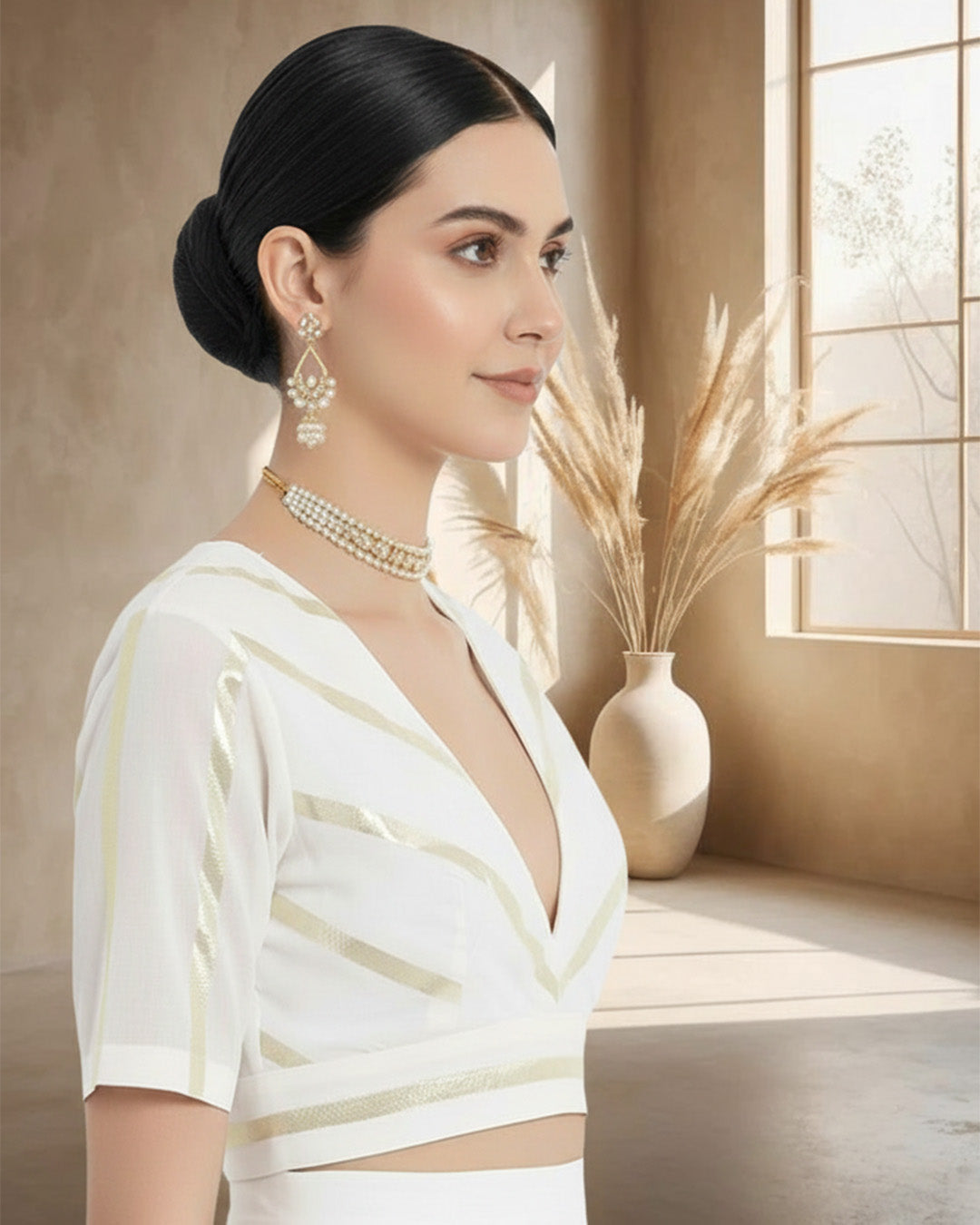 White Glisten Gala Deep V Blouse