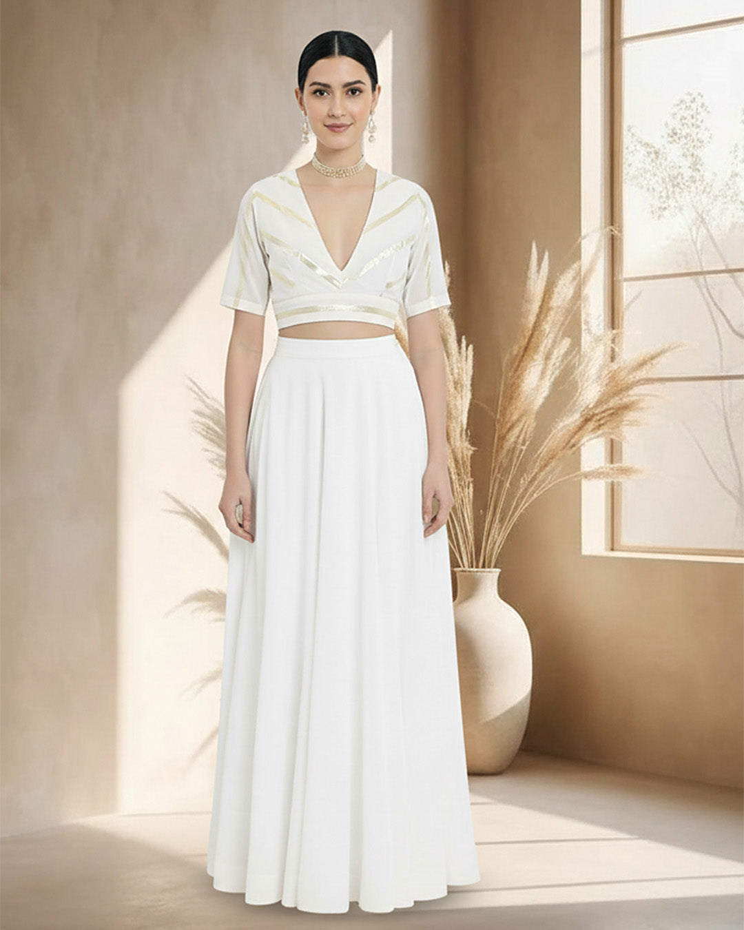 White Glisten Gala Deep V Blouse