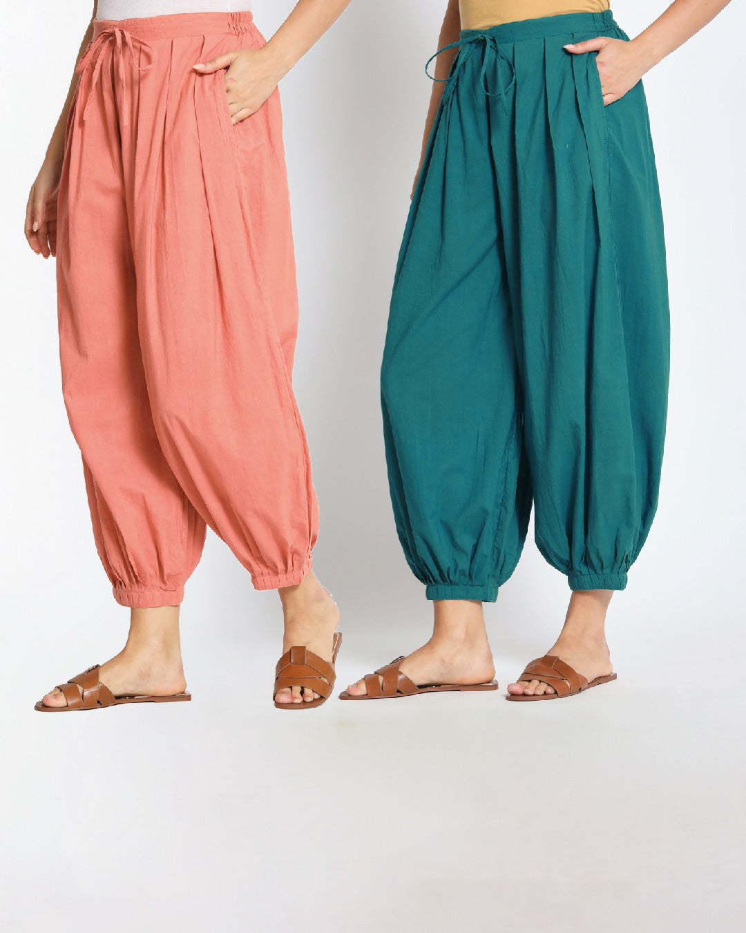 Combo: Pink Rosette & Deep Teal Pleated Salwar- Set of 2