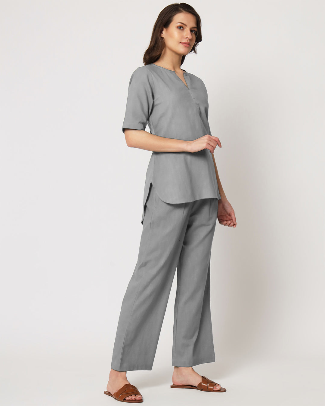 Iced Grey Collar Neck Short Length Solid Kurta (Without Bottoms)