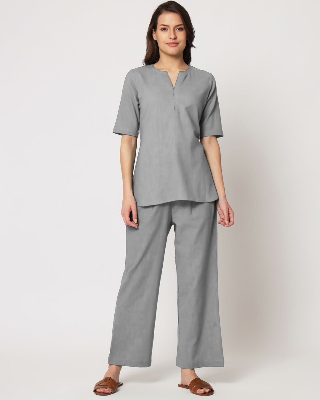 Iced Grey Collar Neck Short Length Solid Kurta (Without Bottoms)