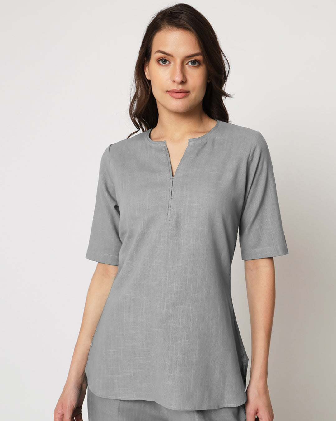 Iced Grey Collar Neck Short Length Solid Co-ord Set