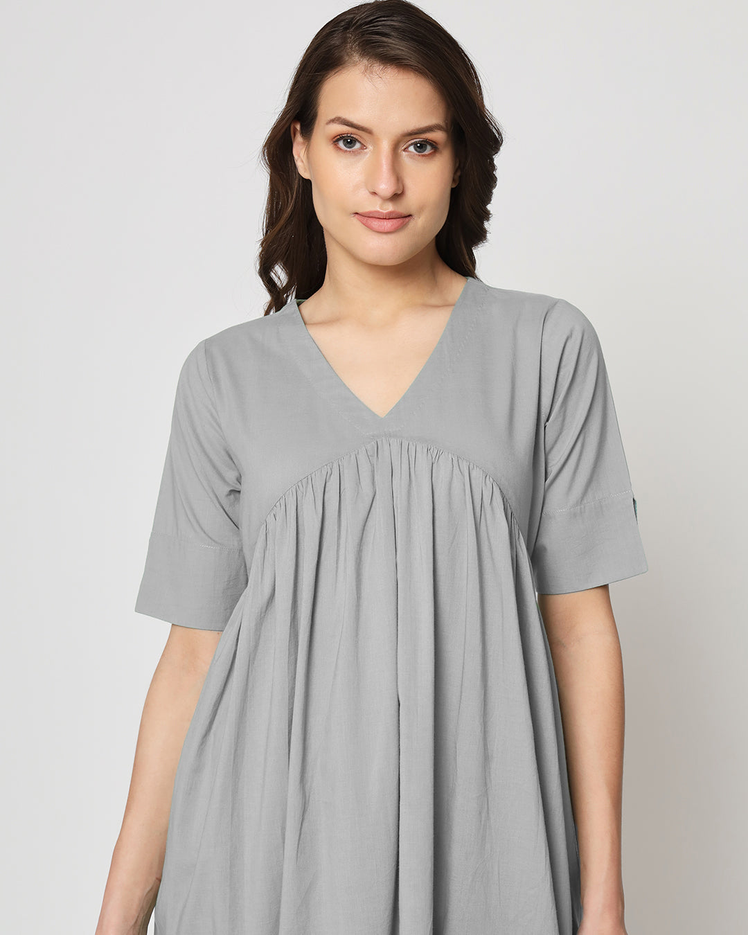 Iced Grey Gathered Solid Kurta (Without Bottoms)