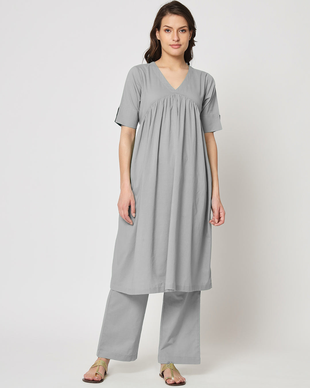 Iced Grey Gathered Solid Kurta (Without Bottoms)