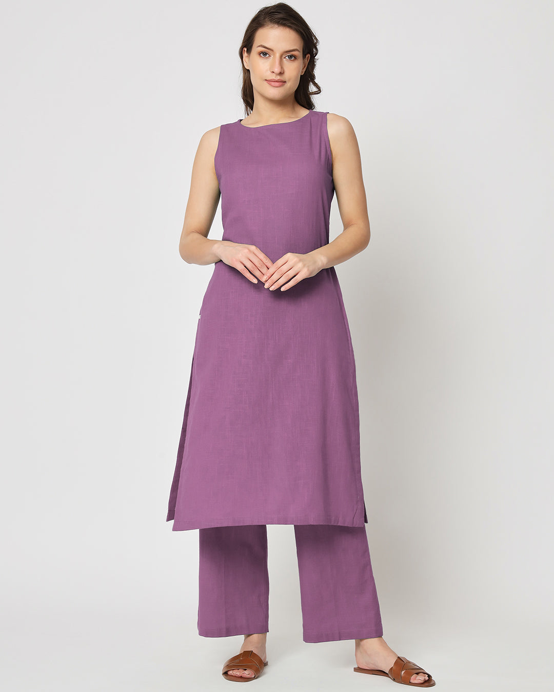 Wisteria Purple Sleeveless Long Solid Kurta (Without Bottoms)