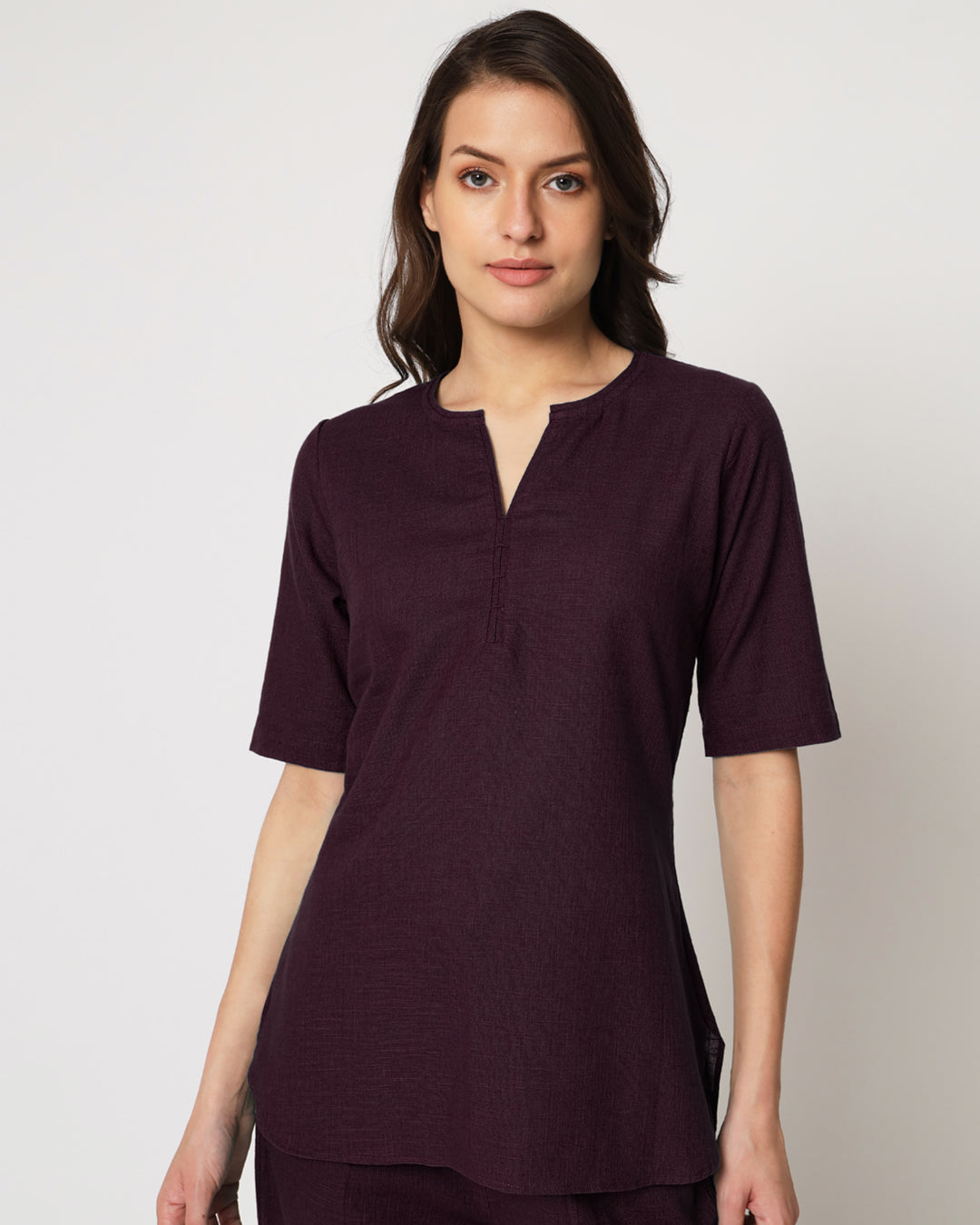 Plum Passion Collar Neck Short Length Solid Co-ord Set