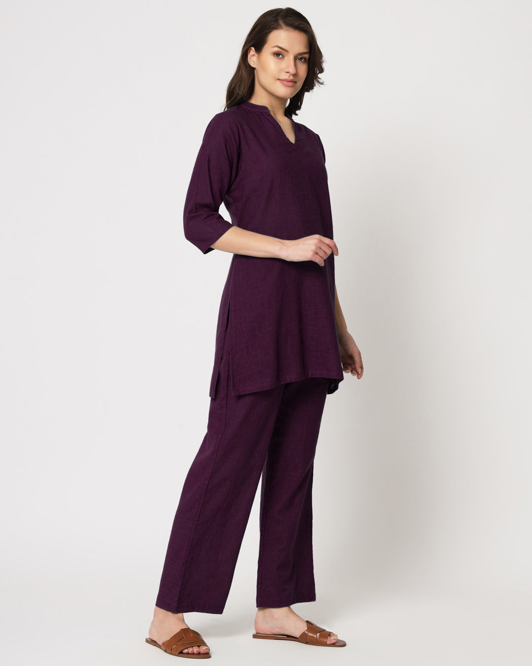 Plum Passion Collar Neck Mid Length Solid Kurta (Without Bottoms)