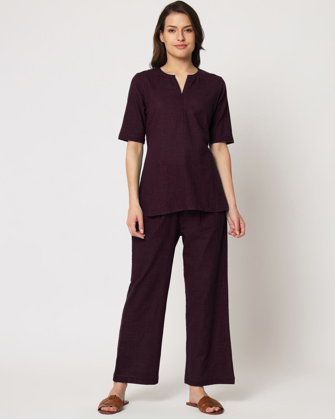 Plum Passion Collar Neck Short Length Solid Co-ord Set