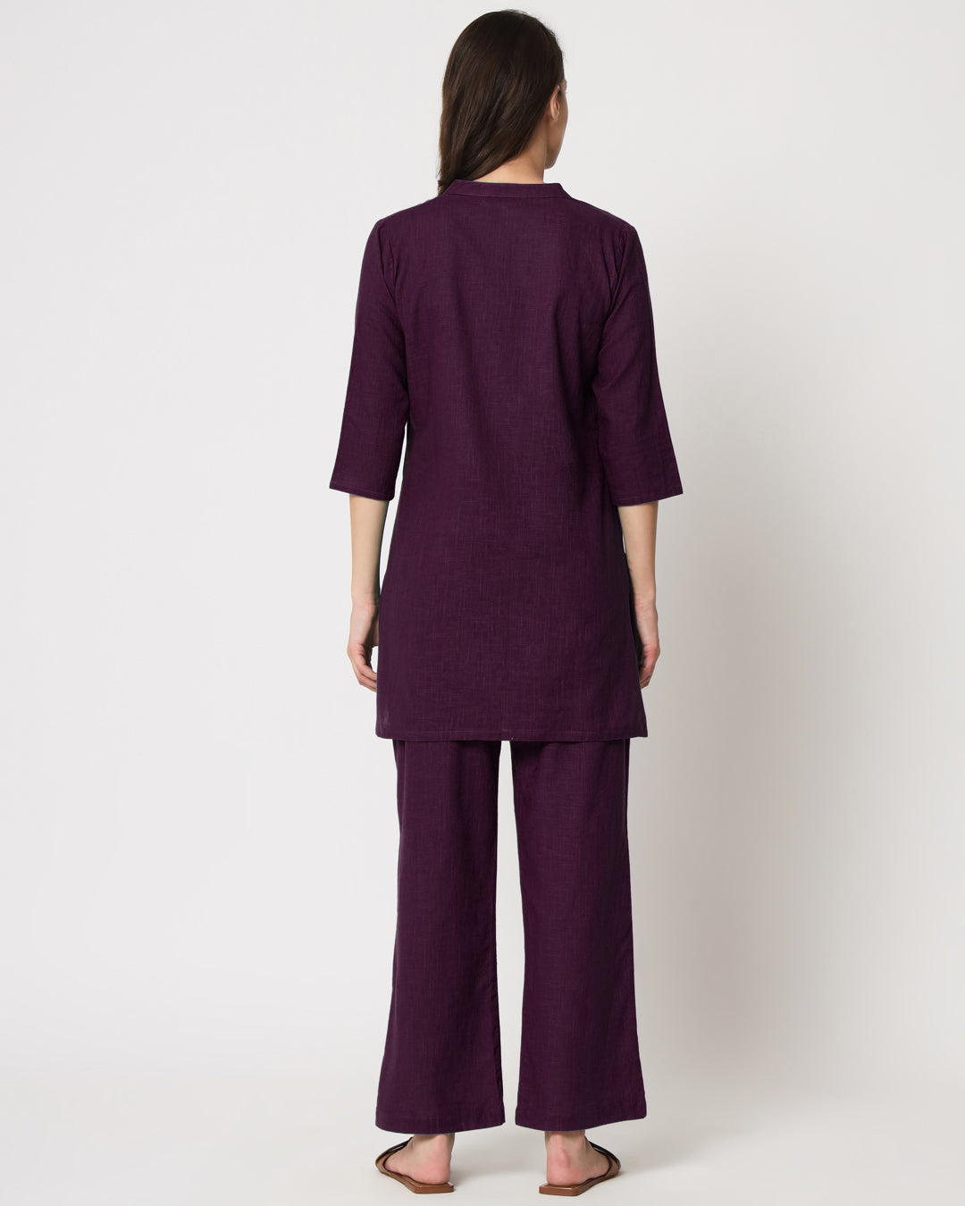 Plum Passion Collar Neck Mid Length Solid Co-ord Set