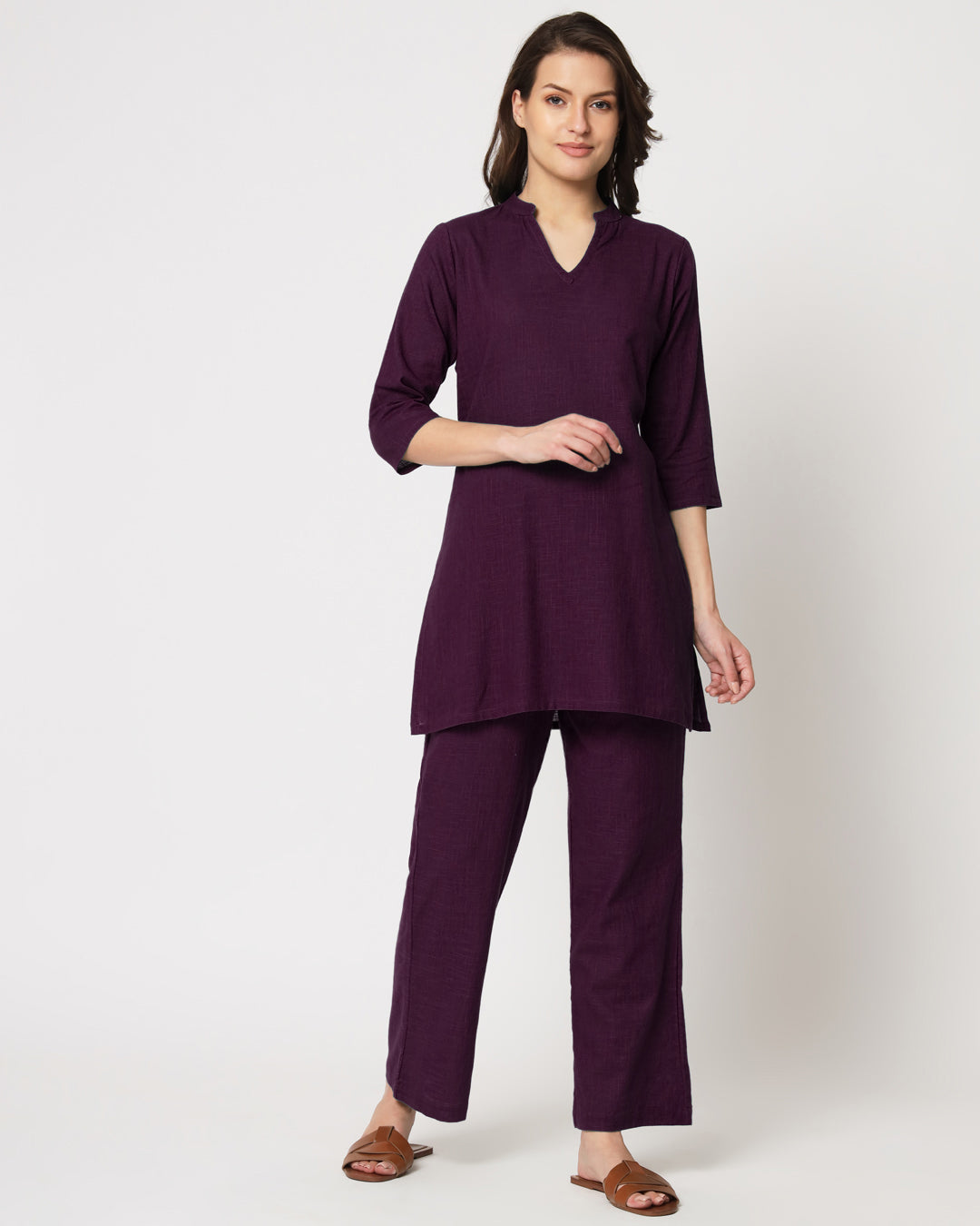 Plum Passion Collar Neck Mid Length Solid Kurta (Without Bottoms)