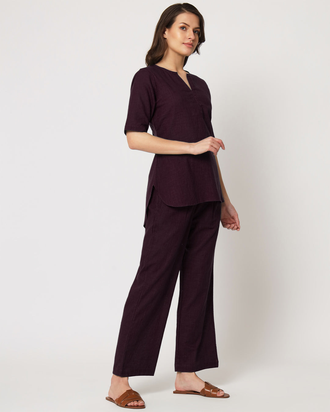Plum Passion Collar Neck Short Length Solid Co-ord Set