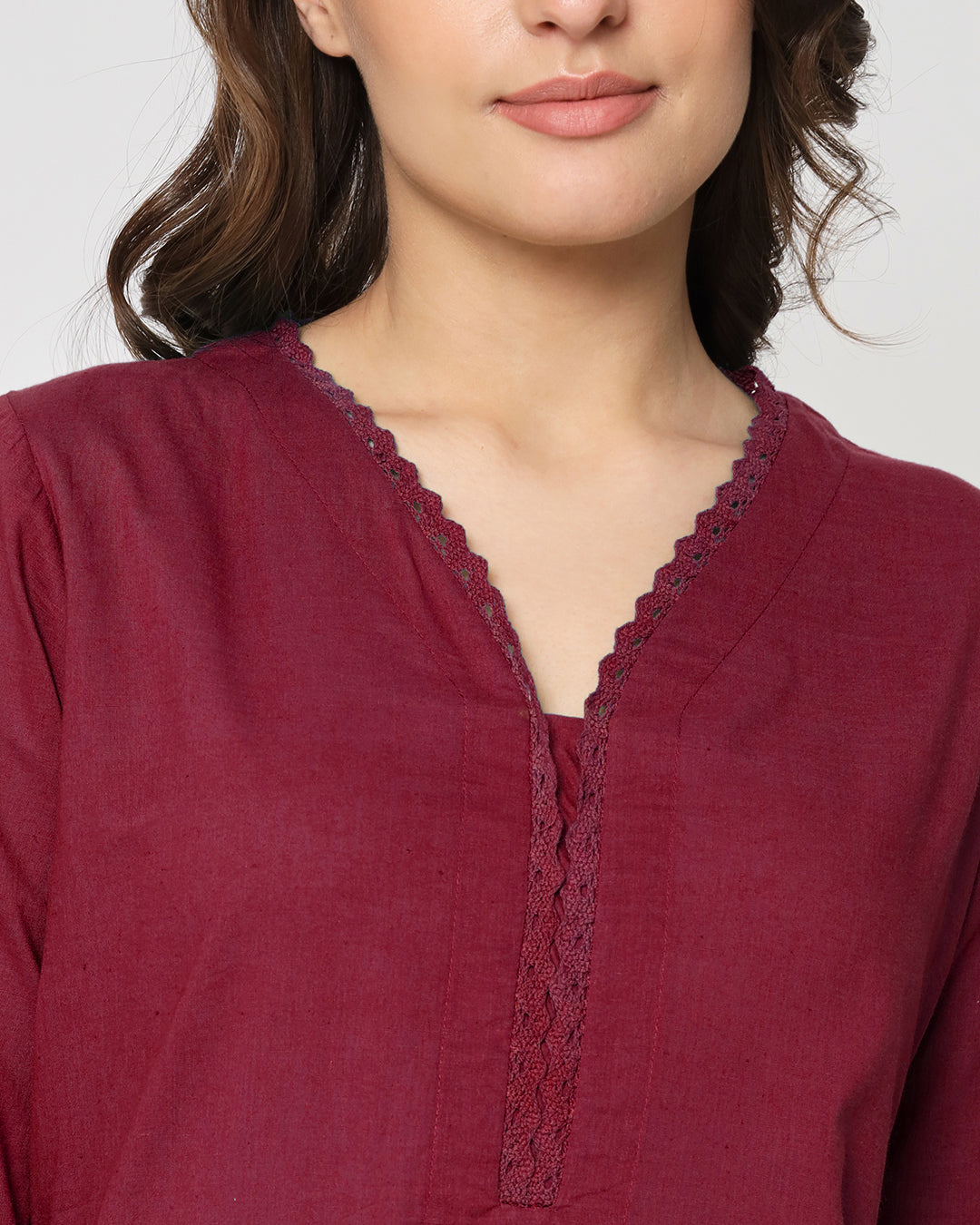 Russet Red Lace Affair Solid Kurta (Without Bottoms)