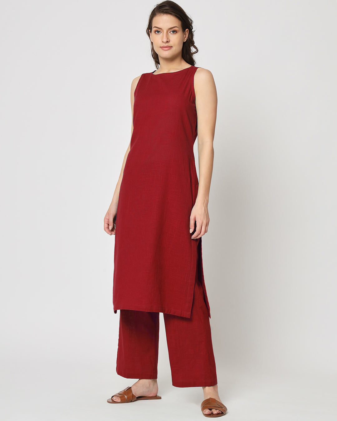Classic Red Sleeveless Long Solid Kurta (Without Bottoms)