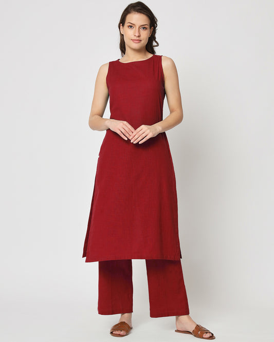 Classic Red Sleeveless Long Solid Kurta (Without Bottoms)