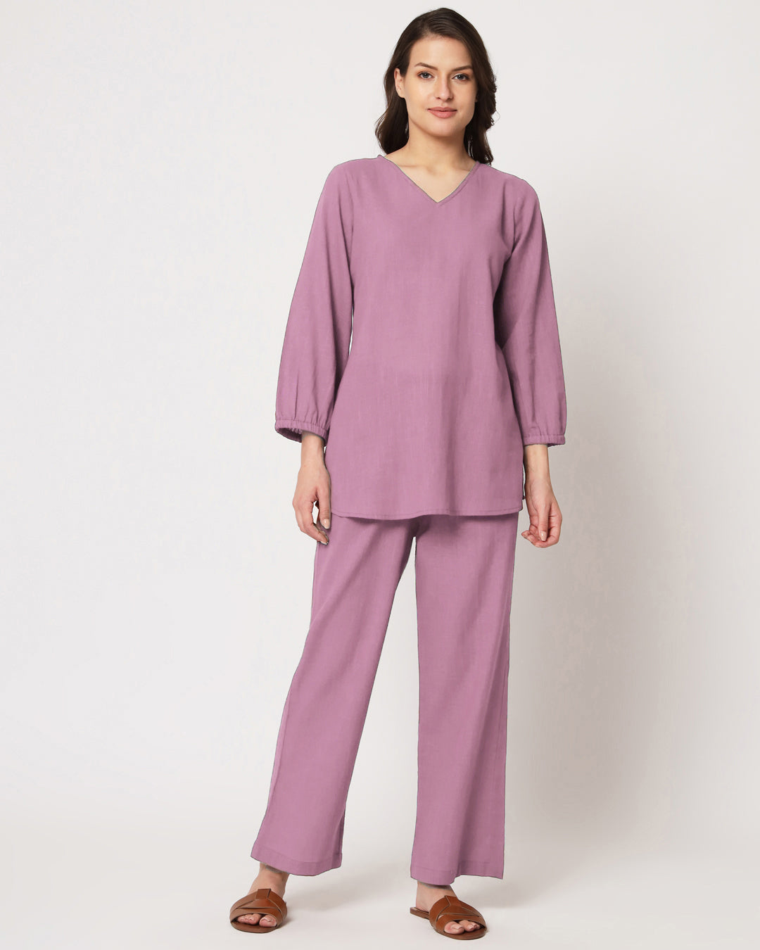Iris Pink Bishop Sleeves Solid Co-ord Set