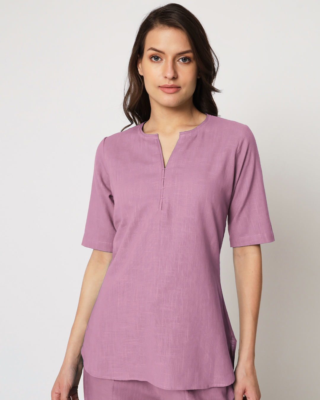 Iris Pink Collar Neck Short Length Solid Kurta (Without Bottoms)