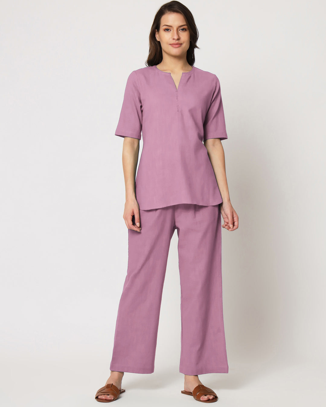 Iris Pink Collar Neck Short Length Solid Kurta (Without Bottoms)