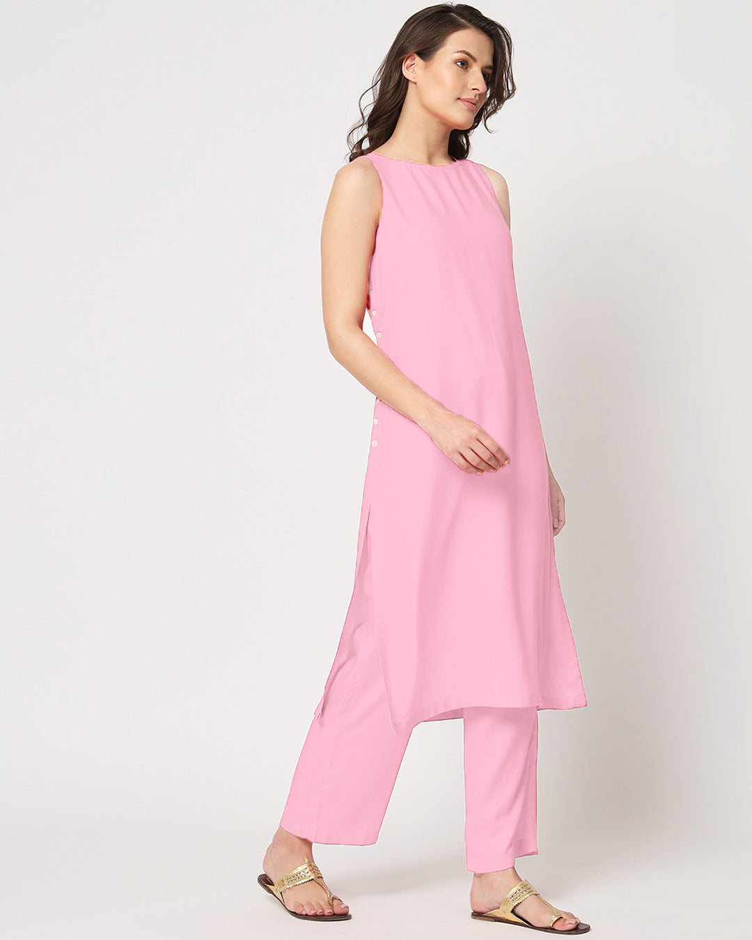 Pink Mist Sleeveless Long Solid Kurta (Without Bottoms)