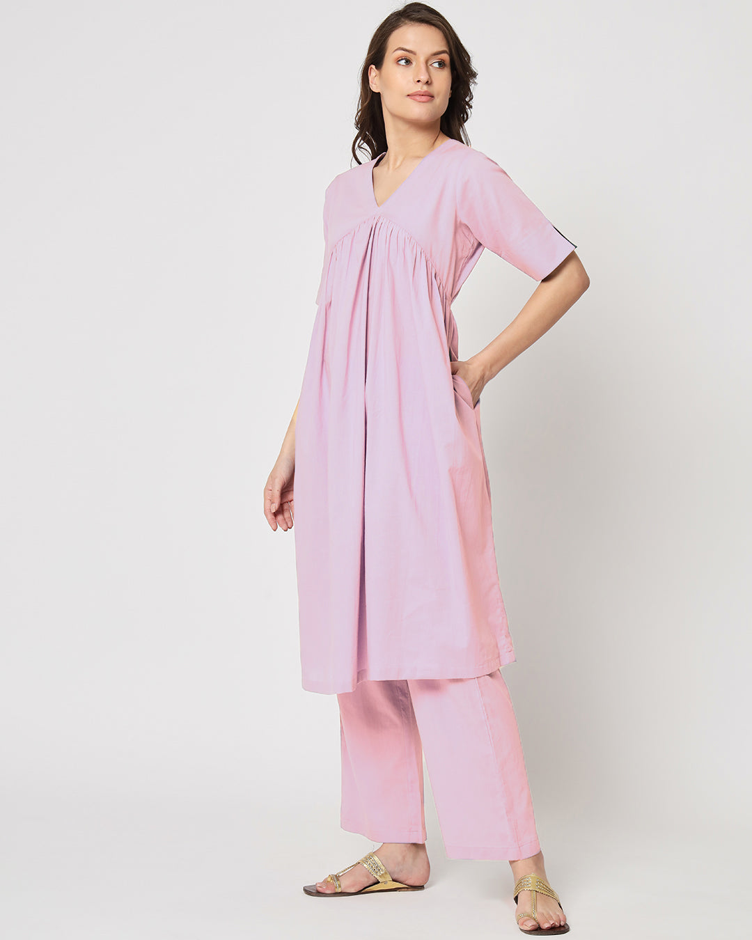Pink Mist Gathered Solid Kurta (Without Bottoms)