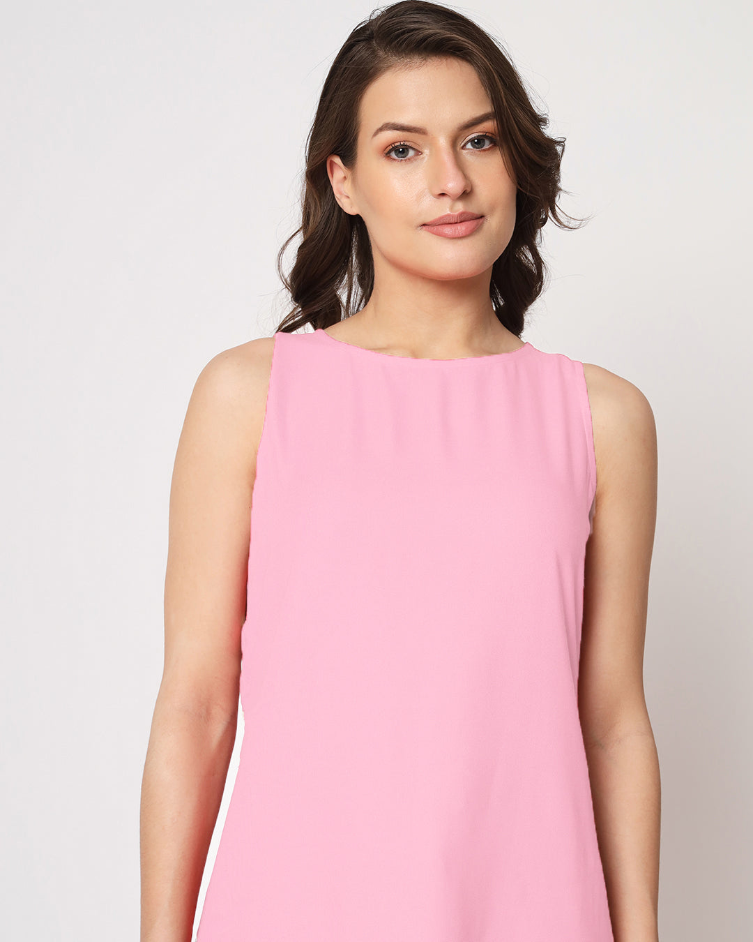Pink Mist Sleeveless Long Solid Kurta (Without Bottoms)
