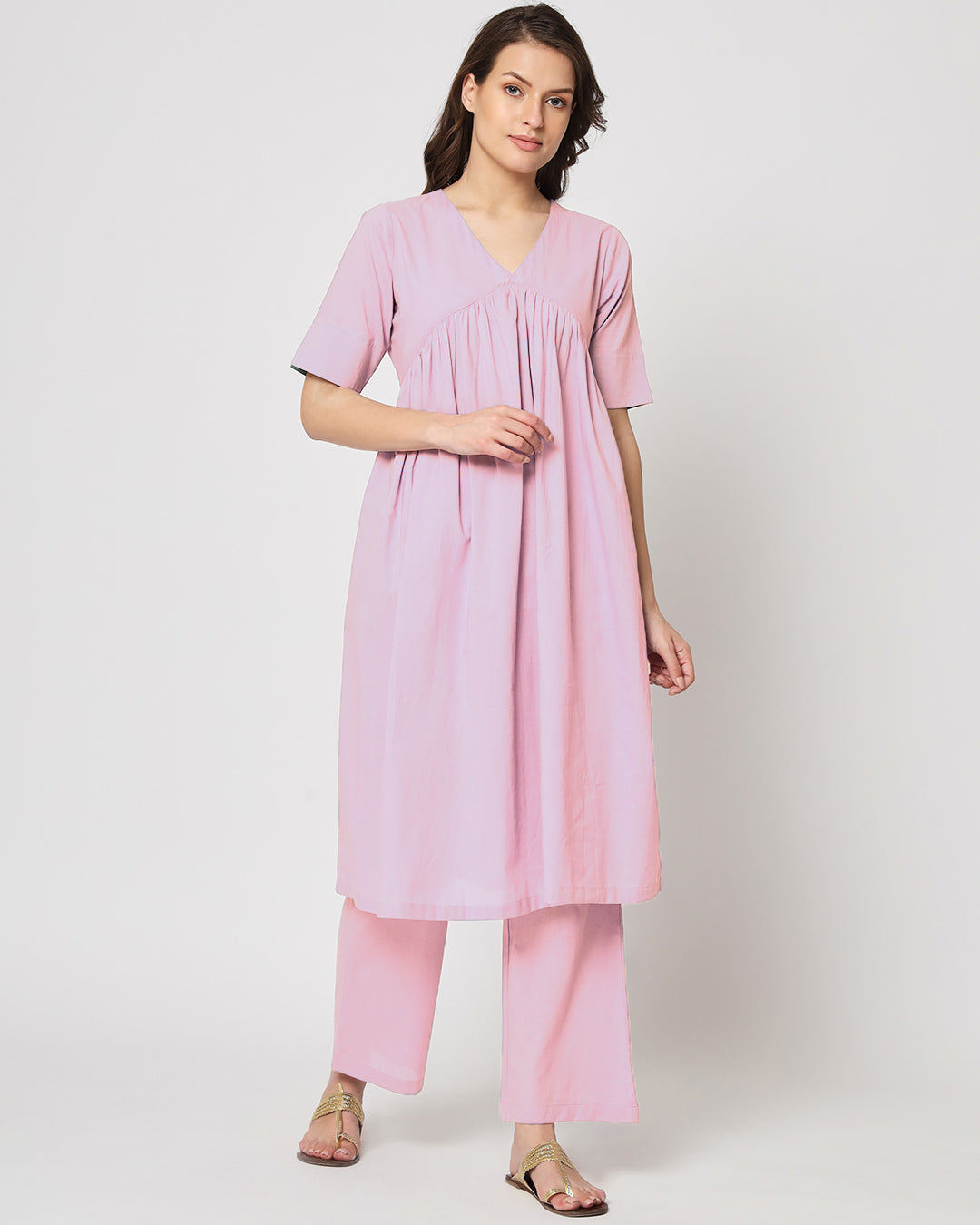 Pink Mist Gathered Solid Kurta (Without Bottoms)