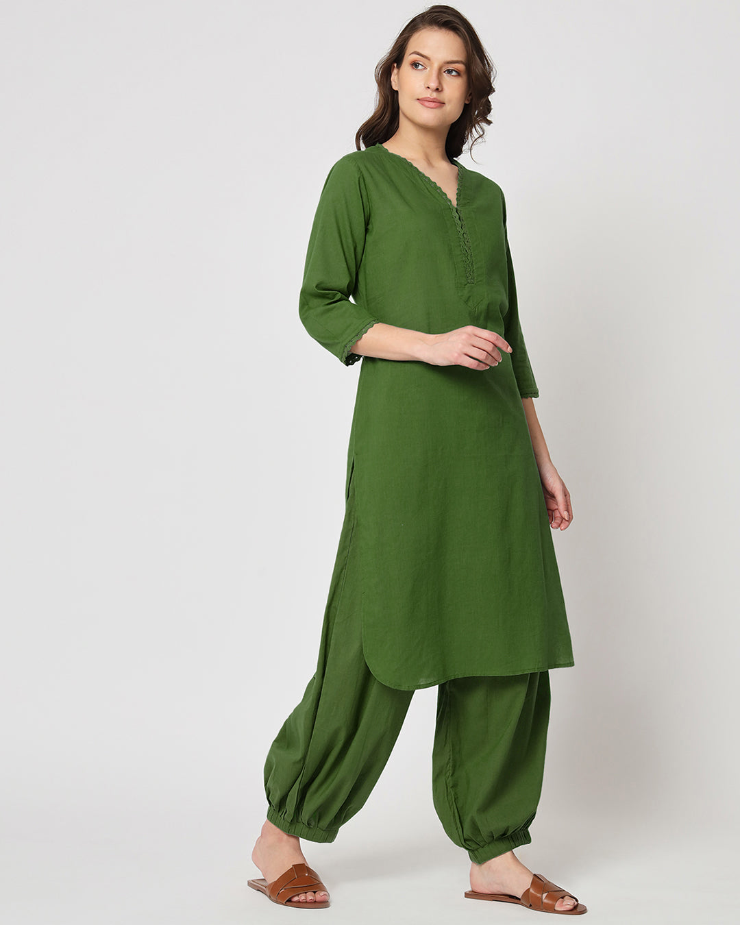 Greening Spring Lace Affair Solid Kurta (Without Bottoms)