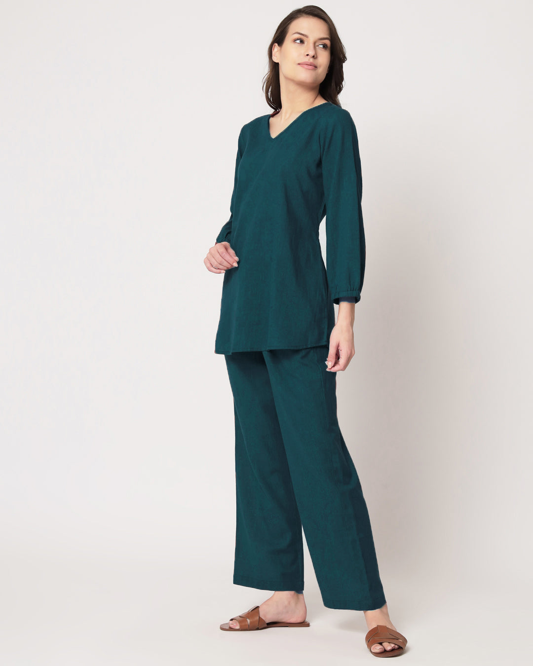 Deep Teal Bishop Sleeves Solid Co-ord Set