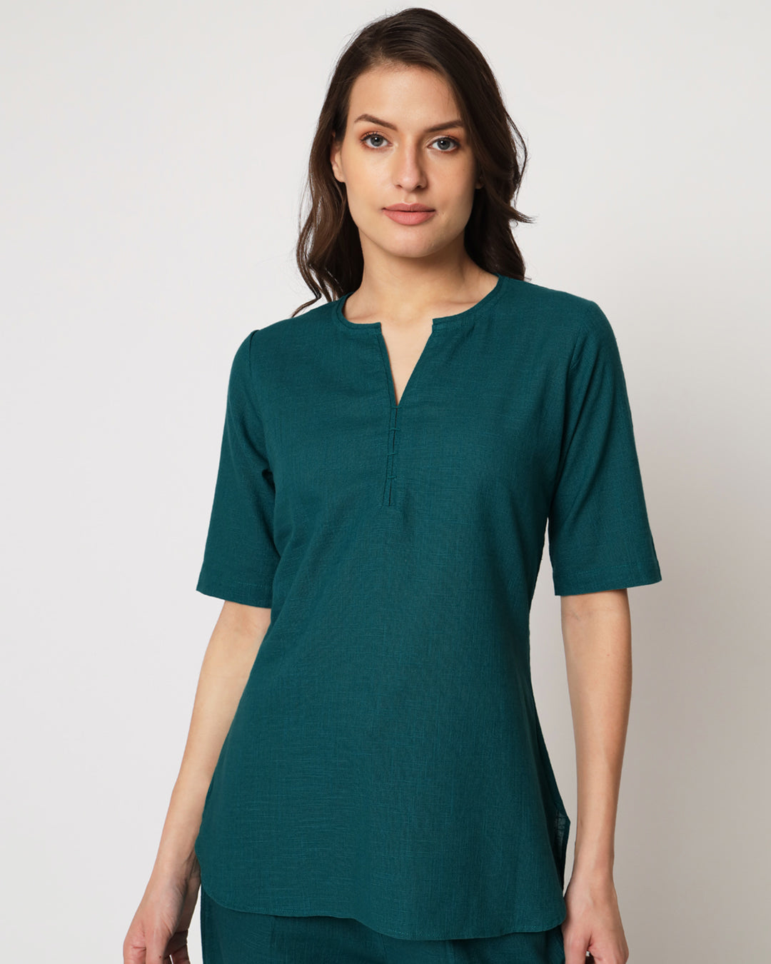 Deep Teal Collar Neck Short Length Solid Kurta
