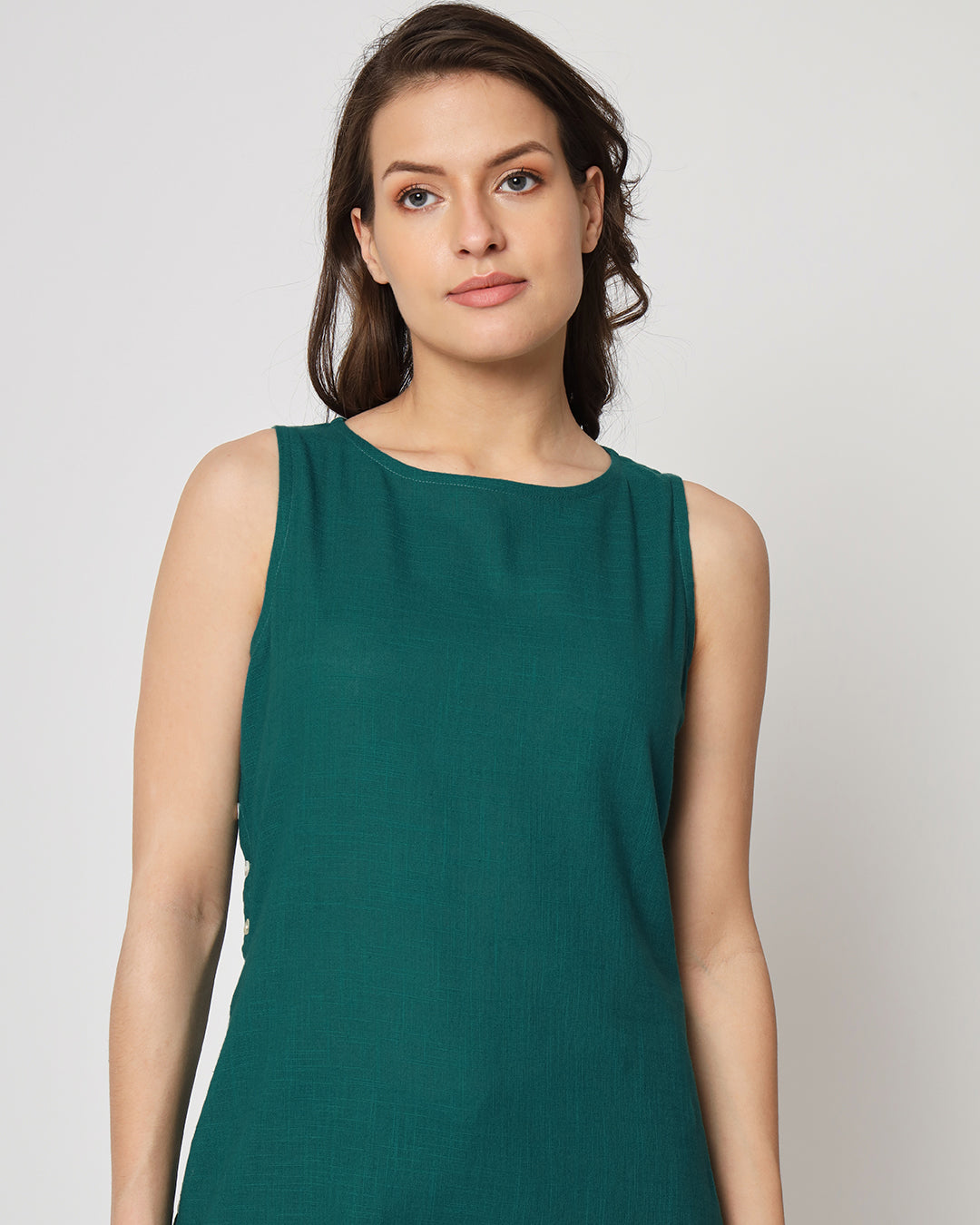 Deep Teal Sleeveless Long Solid Kurta (Without Bottoms)