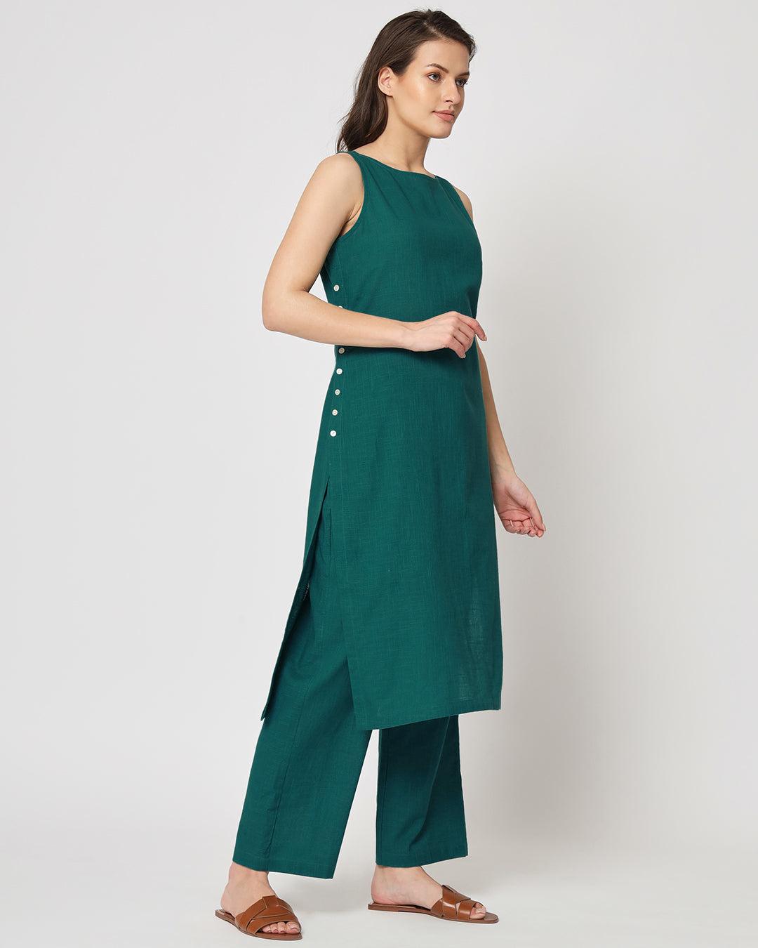 Deep Teal Sleeveless Long Solid Kurta (Without Bottoms)