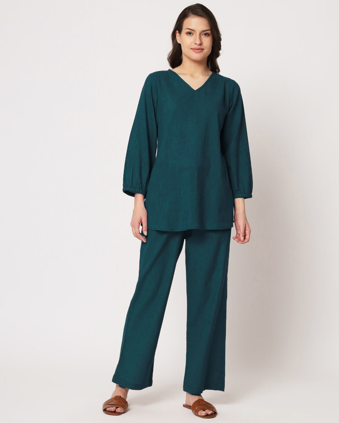 Deep Teal Bishop Sleeves Solid Co-ord Set