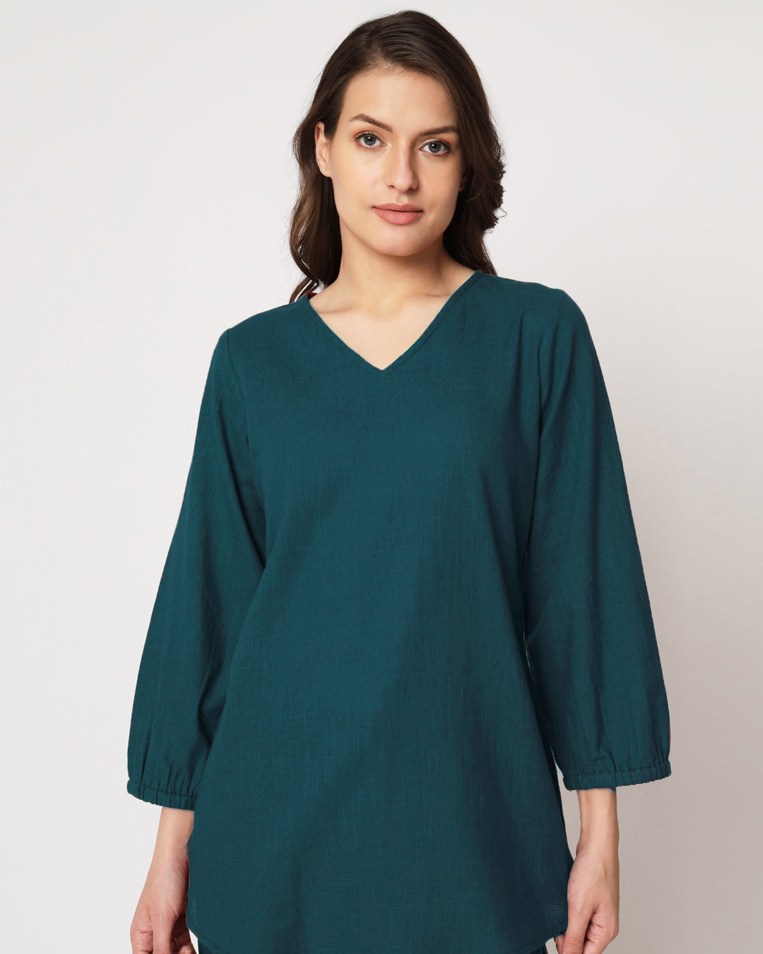 Deep Teal Bishop Sleeves Solid Top (Without Bottoms)