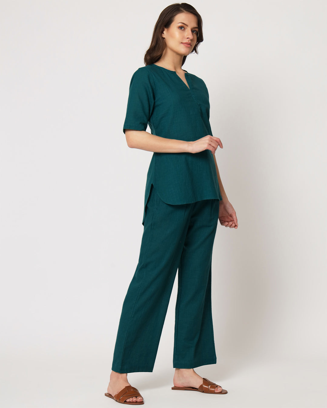 Deep Teal Collar Neck Short Length Solid Kurta