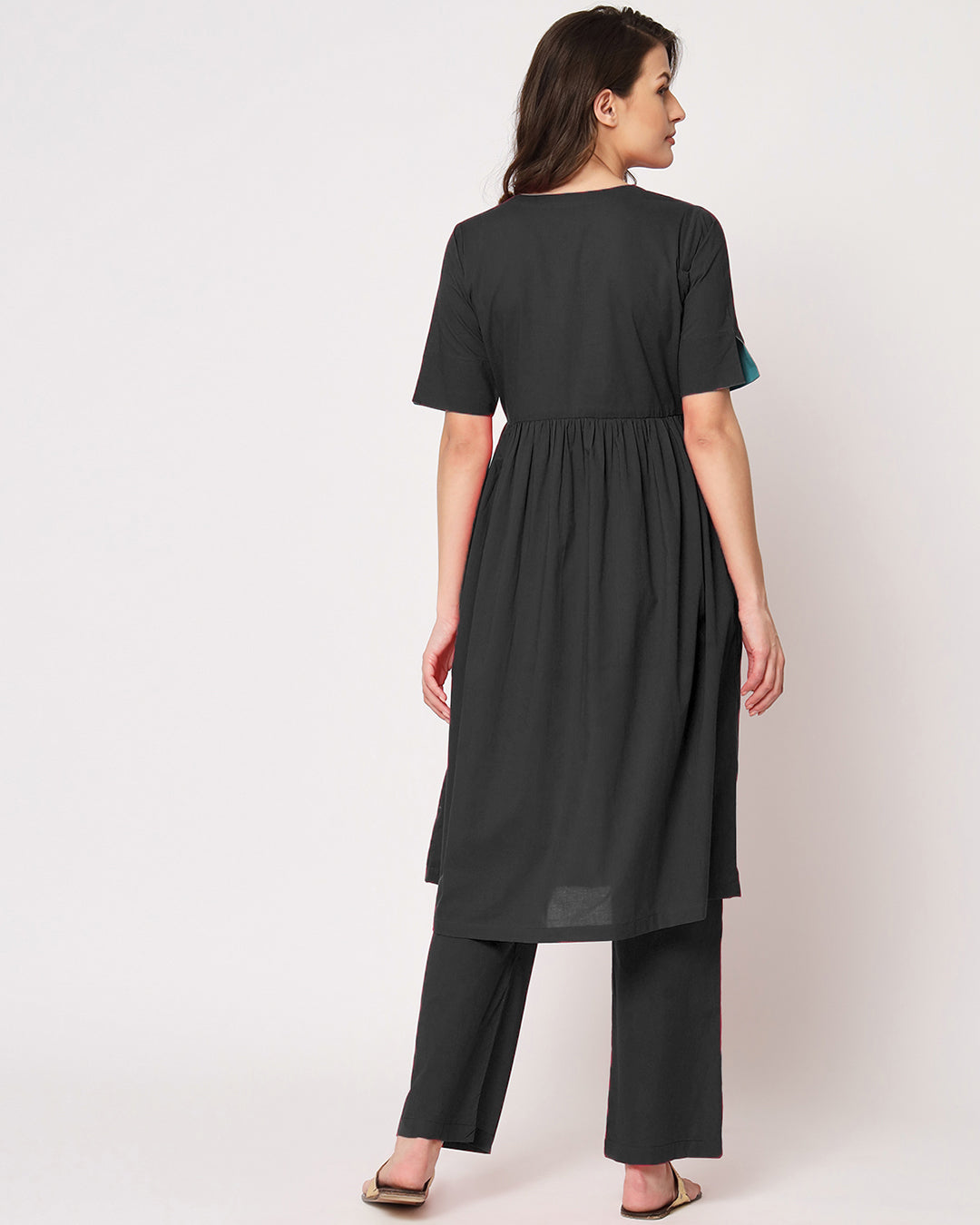 Classic Black Gathered Solid Kurta (Without Bottoms)