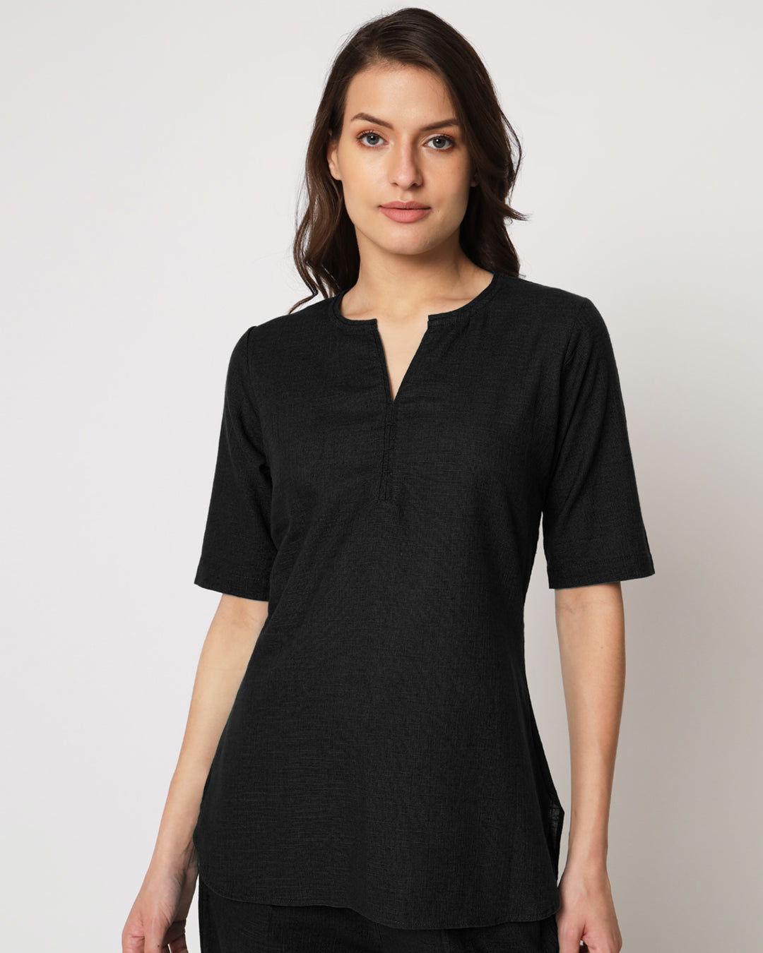 Classic Black Collar Neck Short Length Solid Co-ord Set