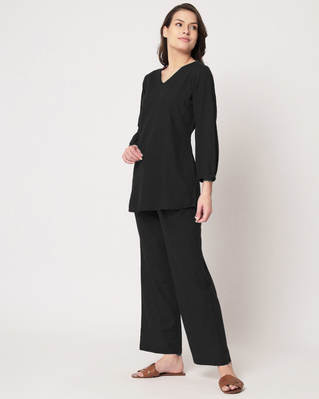Classic Black Bishop Sleeves Solid Co-ord Set