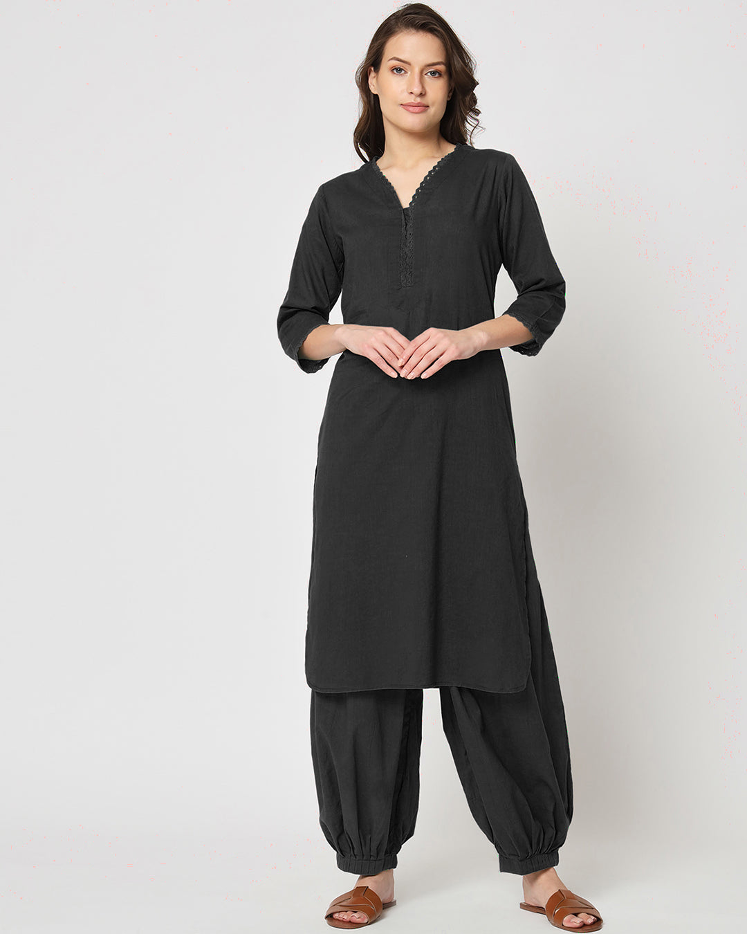 Classic Black Lace Affair Solid Kurta Without Bottoms Thevasa