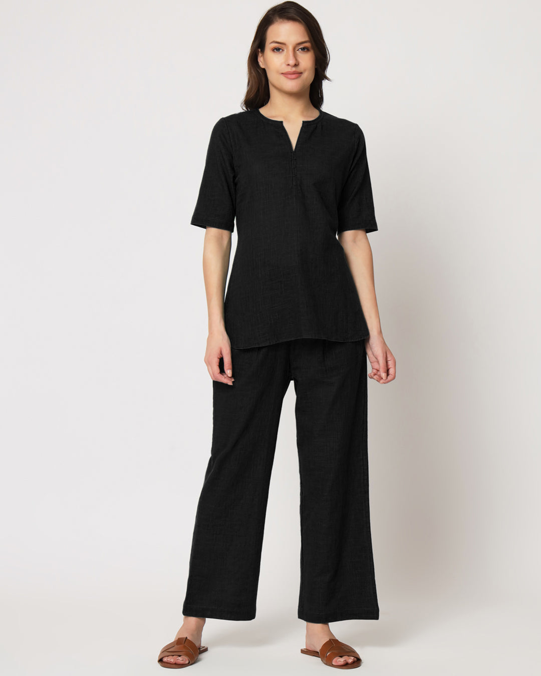 Classic Black Collar Neck Short Length Solid Co-ord Set