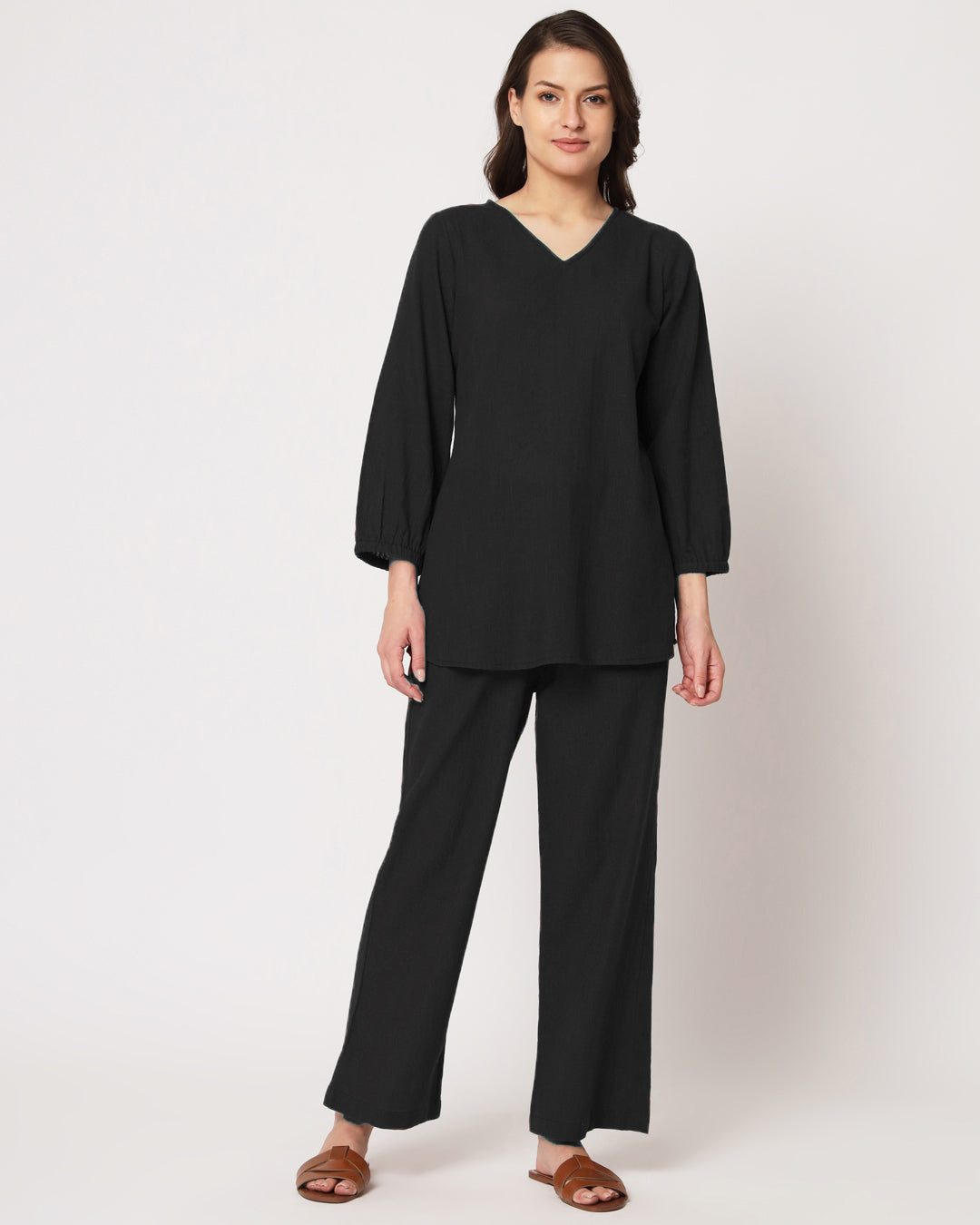 Classic Black Bishop Sleeves Solid Top (Without Bottoms)