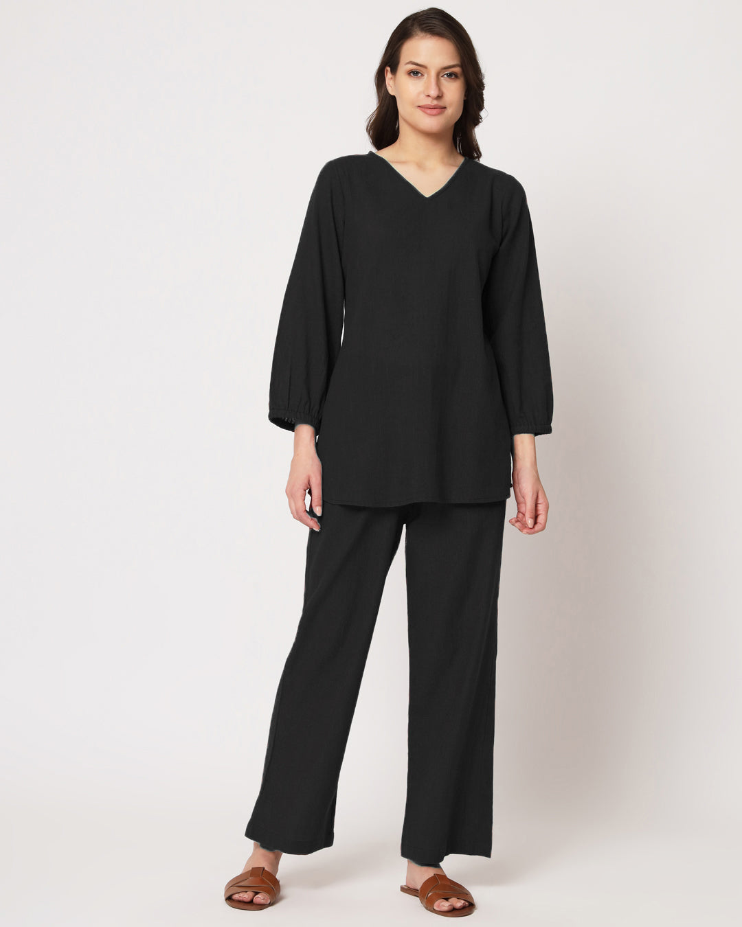 Classic Black Bishop Sleeves Solid Co-ord Set