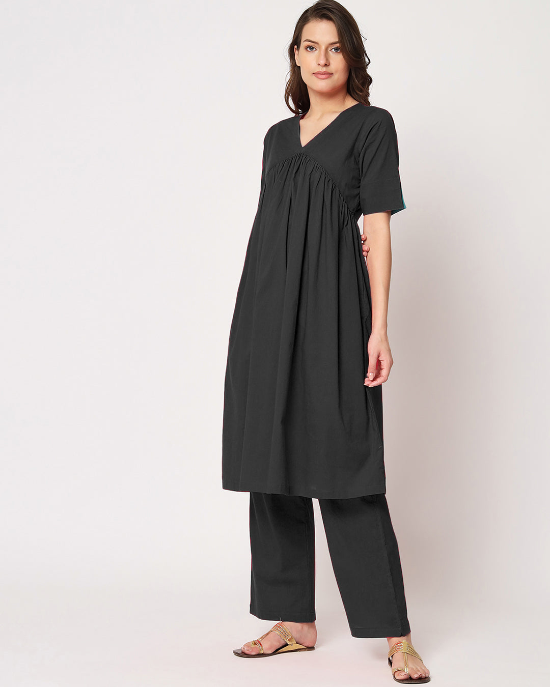 Classic Black Gathered Solid Kurta (Without Bottoms)