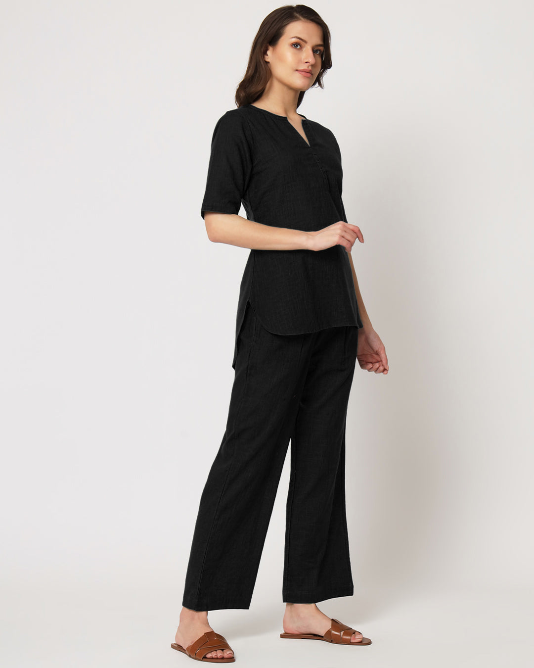 Classic Black Collar Neck Short Length Solid Co-ord Set