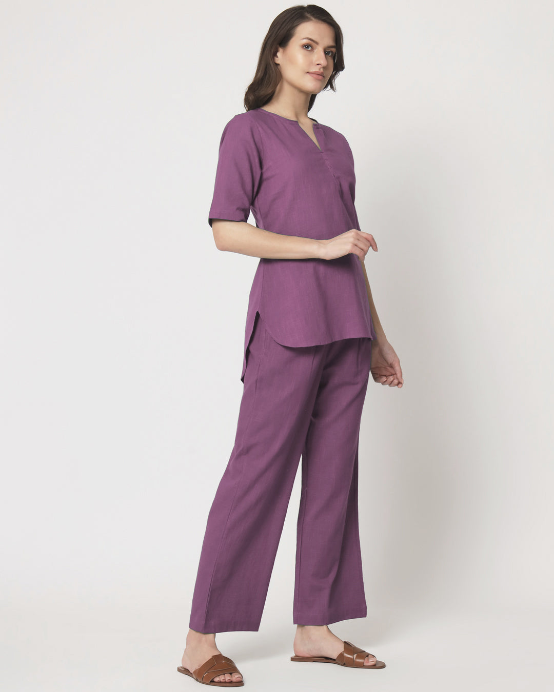 Wisteria Purple Collar Neck Short Length Solid Kurta (Without Bottoms)