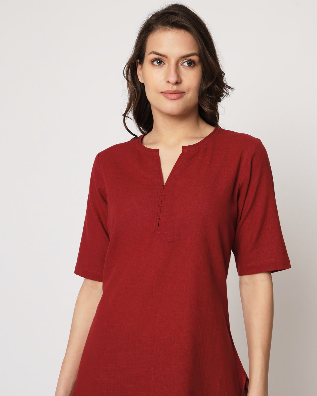 Classic Red Collar Neck Short Length Solid Kurta (Without Bottoms)