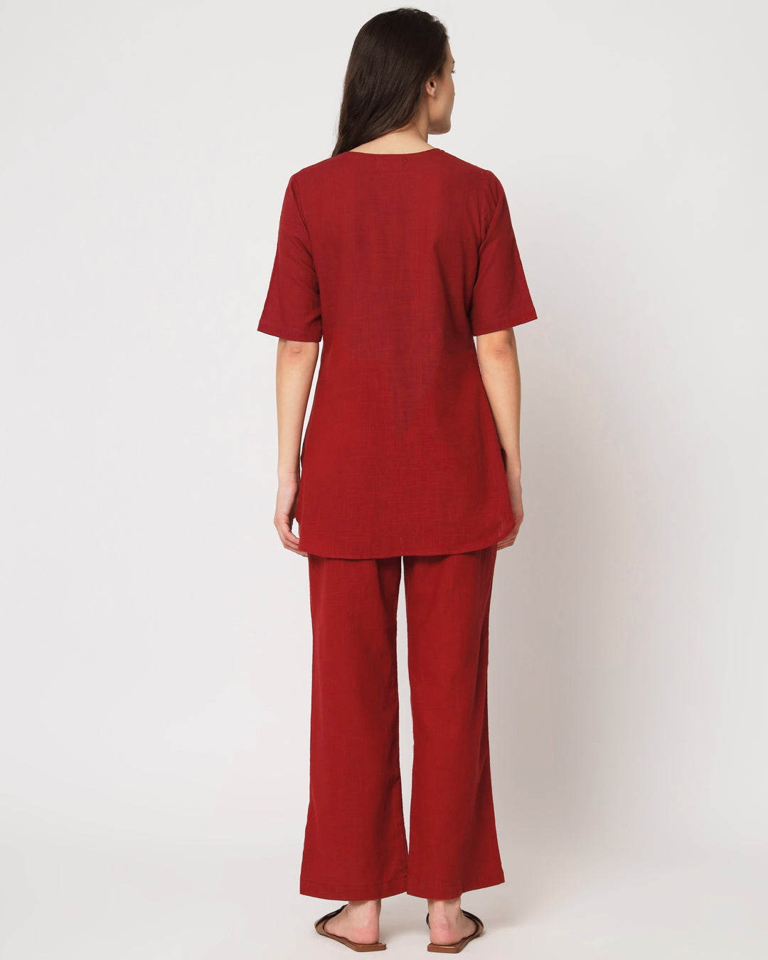 Classic Red Collar Neck Short Length Solid Kurta (Without Bottoms)