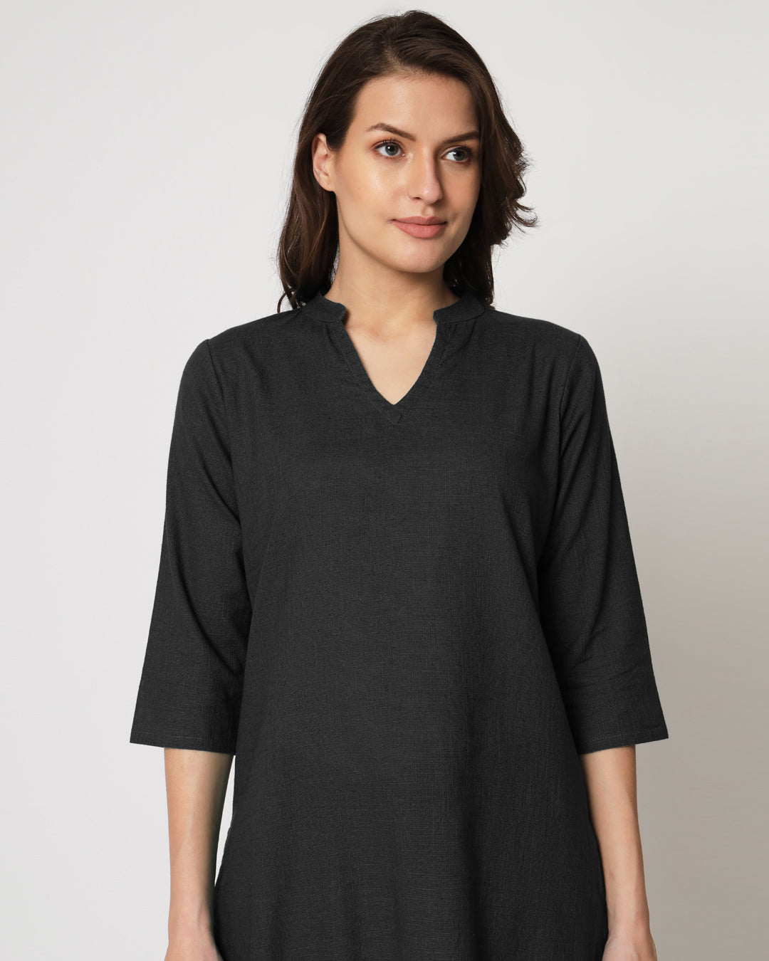 Classic Black Collar Neck Mid Length Solid Kurta (Without Bottoms)