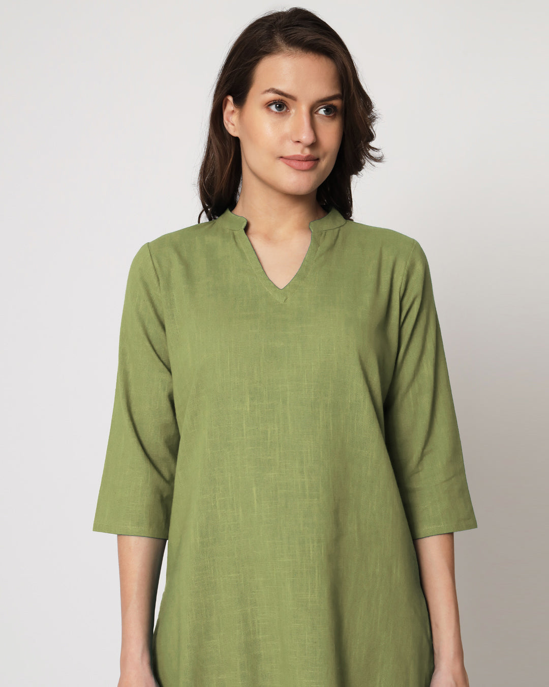 Sage Green Collar Neck Mid Length Solid Kurta (Without Bottoms)