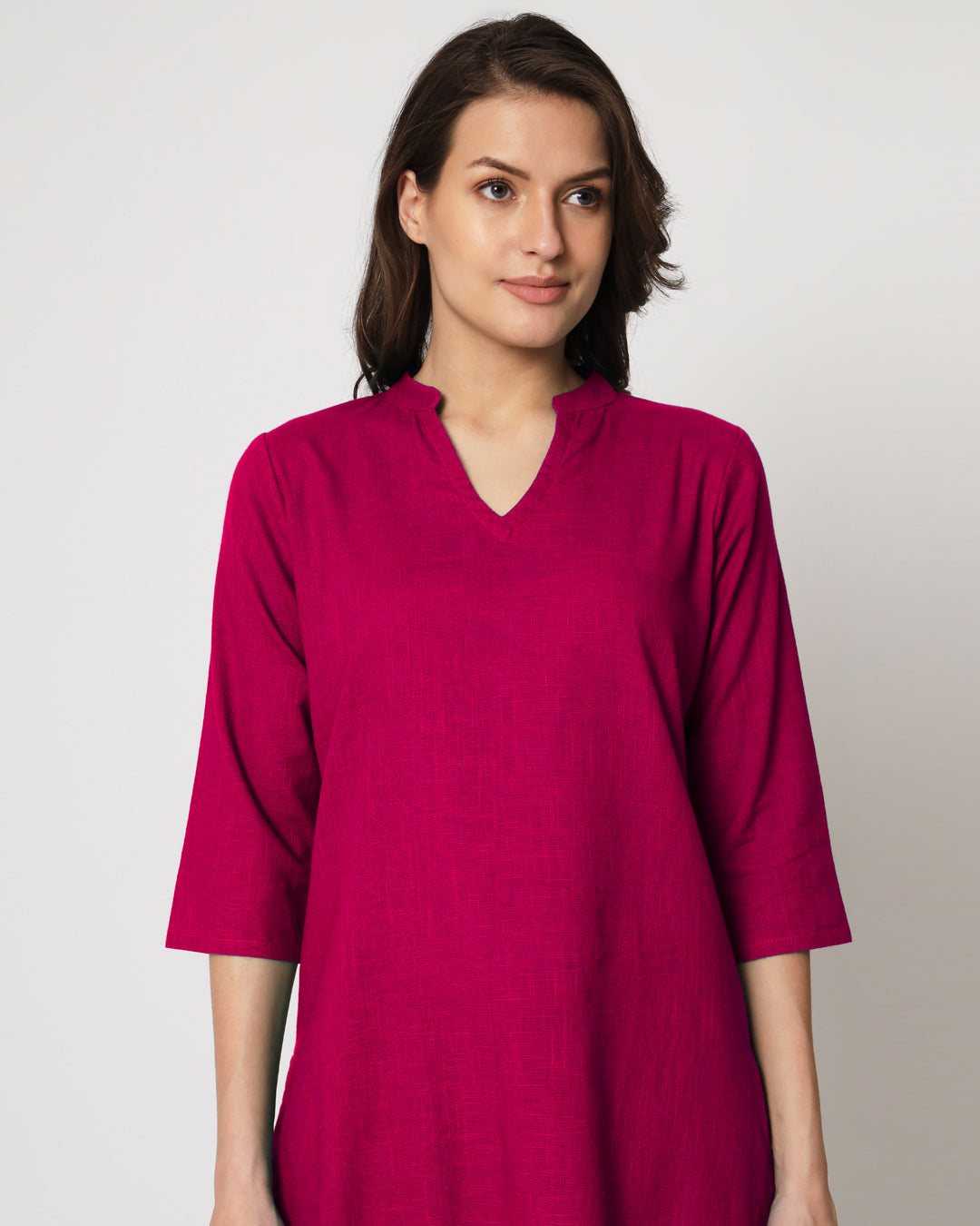 Queen's Gulabi Collar Neck Mid Length Solid Kurta (Without Bottoms)